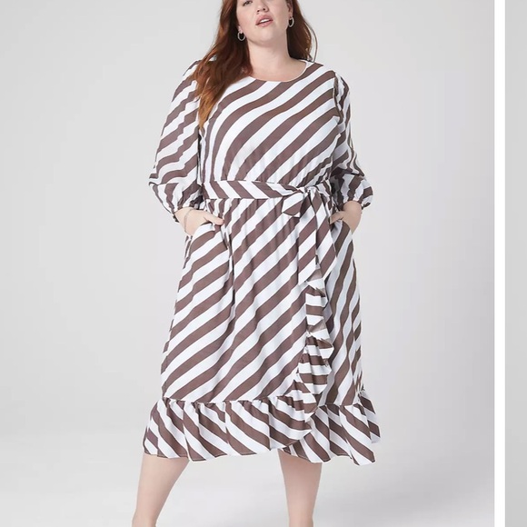 NEW**LANE BRYANT, POCKETS, LONG SLEEVE, LINED BROWN STRIP MIDI DRESS, - Picture 1 of 11